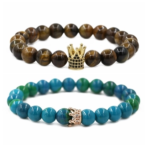 Crown Beaded Bracelet Phoenix Stone Tiger Eye Copper Micro Inlaid Zircon Elastic Ethnic Retro Jewelry For Couples