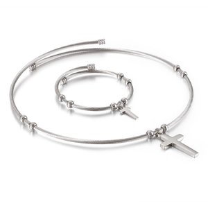 Ensemble de bijoux en acier titane argenté avec pendentifs croix et perles rondes