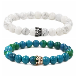 Crown couples beaded bracelets with white turquoise and blue phoenix stone beads