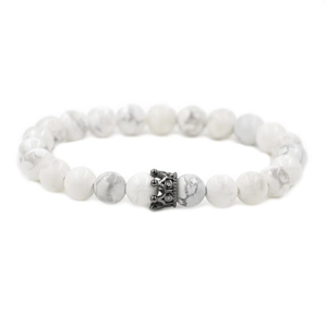 Mens white howlite beaded crown bracelet with gunmetal cubic zirconia accents