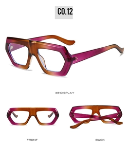 Three-way view of geometric large frame glasses with pink-purple amber gradient finish