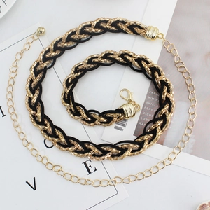 Elegant gold metal and black suede woven waist chain belt with adjustable ring clasp