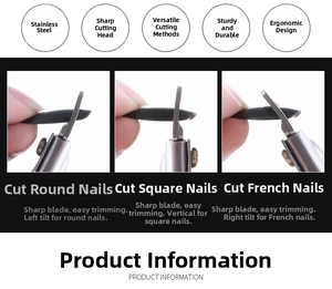 U-shaped nail clipper detail showing three cutting angles for round, square and French styles
