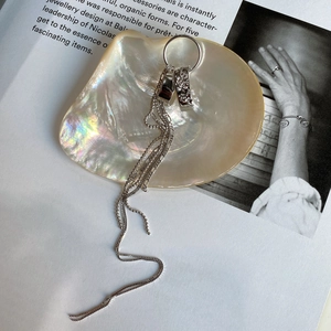 Detail of silver long tassel earrings with geometric rings on iridescent shell
