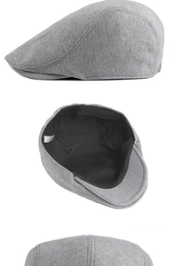 Detailed views of grey beret showing side profile, black inner lining and 100% polyester label