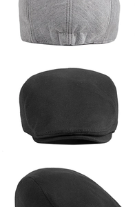 Three-view detail of grey and black knit flat caps showing texture and stitching details