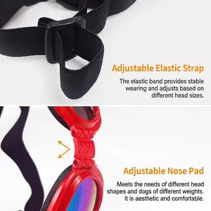 Adjustable pet goggles with red frames and colorful reflective lenses for dogs and cats