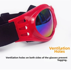 Detailed side view of pet goggles featuring air vents and colorful reflective lenses