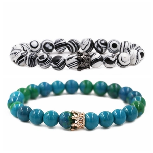Malachite and marble beaded crown bracelets for couples with crystal alloy charms