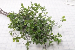 Close-up of artificial Milan leaf branches with green oval leaves on white mesh cloth