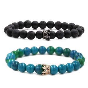 Bracelets à perles couronne avec pierre de lave noire et pierre phénix turquoise