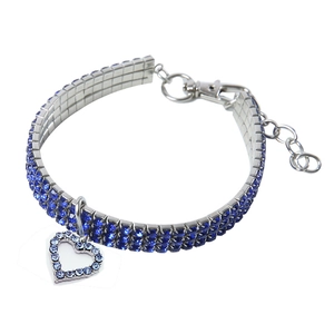 Collier pour animaux à trois rangs de strass bleus avec pendentif cœur et chaîne réglable