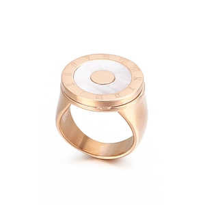 Rose gold stainless steel ring with white shell inlay and Roman numeral engravings