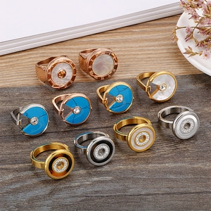Stainless Steel Ring With Mother Of Artificial Pearl Turquoise Zirconia Roman Numerals Geometric Band For Women Rose Gold Tone
