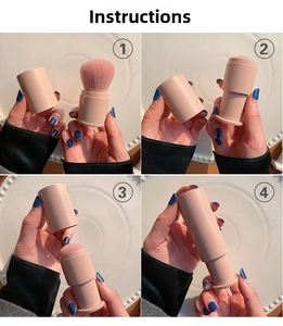 Step-by-step guide showing the retractable mechanism and dust-proof cap of the makeup brush
