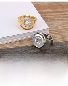 Detailed view of rose gold shell inlay ring with sparkling crystal circle decoration