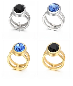 Detailed view of hollow stainless steel rings with oval gemstones and 18mm width specs