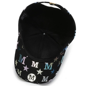 Black cotton baseball cap with colorful holographic letter M and star pattern design