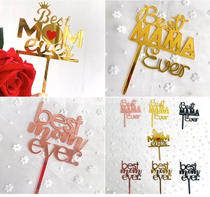 Acrylic Mother's Day cake topper detail view featuring Best Mom ever and Best Mama ever text.