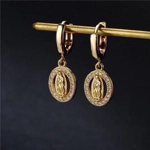 Virgin Mary Oval Pendant Hoop Earrings Copper Micro Pave Zircon Religious Vintage Style Jewelry For Women