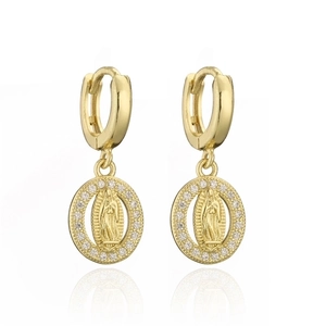 Classic Virgin Mary oval dangle earrings in gold finish with micro-pave zircon crystals