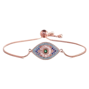 Adjustable rose gold evil eye bolo bracelet with colorful cubic zirconia inlays
