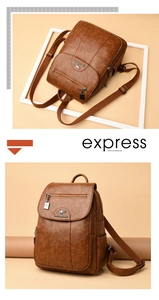 Detail of dark brown sheepskin texture and metal kangaroo logo on women backpack