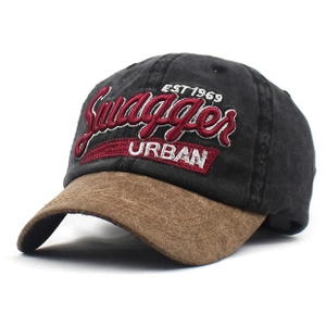 Detailed close-up of retro baseball cap with Swagger embroidery and contrast brim
