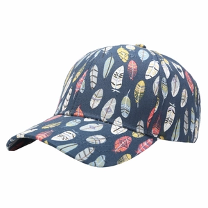 Dark blue baseball cap with colorful feather patterns and classic curved brim style