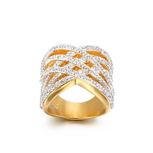 Bague large en acier inoxydable plaqué or 18k avec design ondulé multicouche et strass