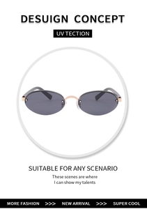 Detailed macro of gold metal hinges and dark grey lenses on rimless oval sunglasses