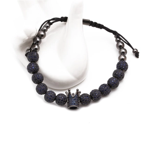 Adjustable crown charm bracelet with blue zircon beads and black matte stones