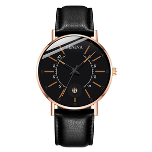 Detailed macro view of the rose gold bezel and black leather strap of this quartz watch