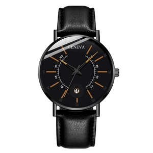 Detail of Geneva quartz watch with black dial and leather strap showing date window
