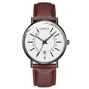 Detail of Geneva quartz watch with white dial, date window at 6, and brown leather strap