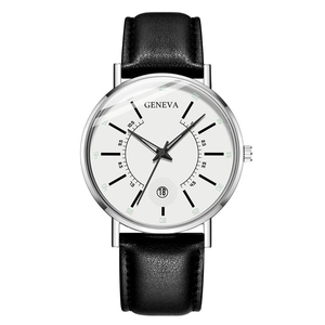 Macro detail of GENEVA quartz watch dial with date display and black leather strap
