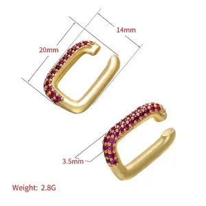Gold rectangular ear cuff earrings with pink micro-pave crystals 20mm by 14mm size