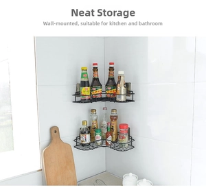 Wall-mounted black metal corner storage rack with two tiers for bathroom or kitchen organization
