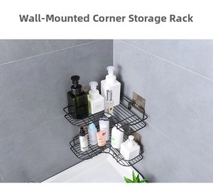 Detail of black double-tier metal corner shelf with adhesive hooks on bathroom tile
