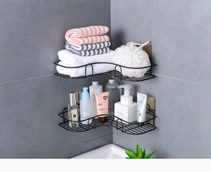 Wall-mounted black metal corner shower caddy set with hollow drainage design
