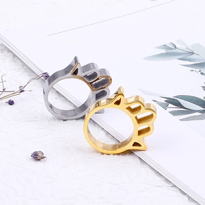 Minimalist stainless steel hollow cat paw rings in gold and silver on a white background