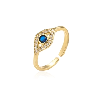 18K gold plated Evil Eye open ring with blue crystal and cubic zirconia accents