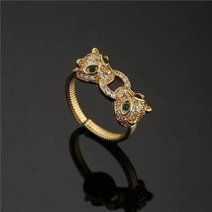 Elegant 18K gold double leopard head open ring featuring micro-pave white cubic zirconia