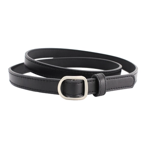 Minimalist black leather belt for women with a sleek oval silver metal buckle