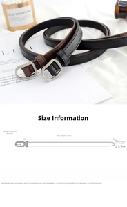 Size chart for 1.8cm wide minimalist women's belt with length and buckle dimensions