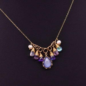 Natural freshwater pearl and blue crystal drop necklace with 925 silver gold pendant