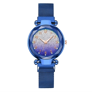 Detail of blue magnetic Milanese watch strap and faceted glass dial with star sequins