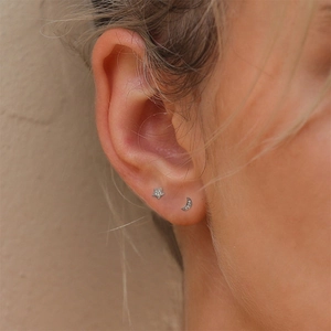 Elegant S925 sterling silver star and moon stud earrings with zircon stones worn by model