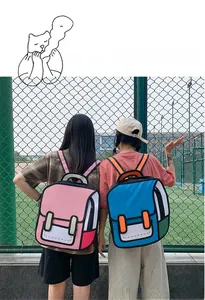 Detail of 2D comic style backpack in pink and blue shown in an outdoor lifestyle setting