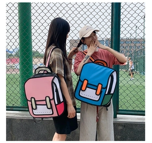 Outdoor shot of 2D cartoon style backpacks in pink and blue on models with 3D effect